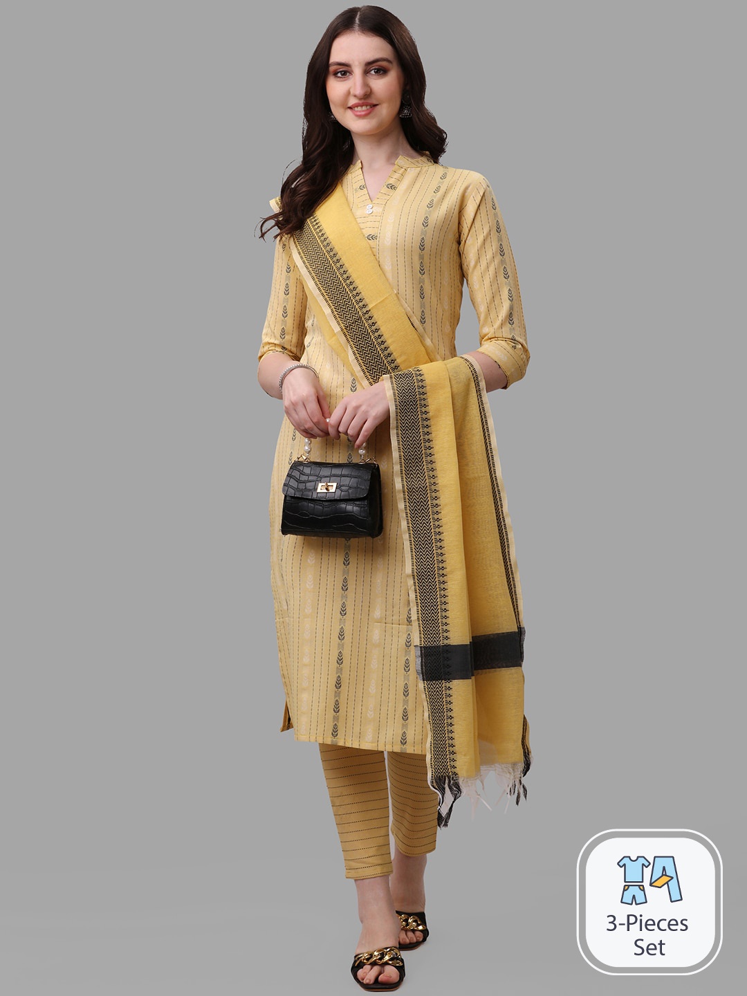 

KALINI Striped Regular Kurta With Trousers & Dupatta, Yellow