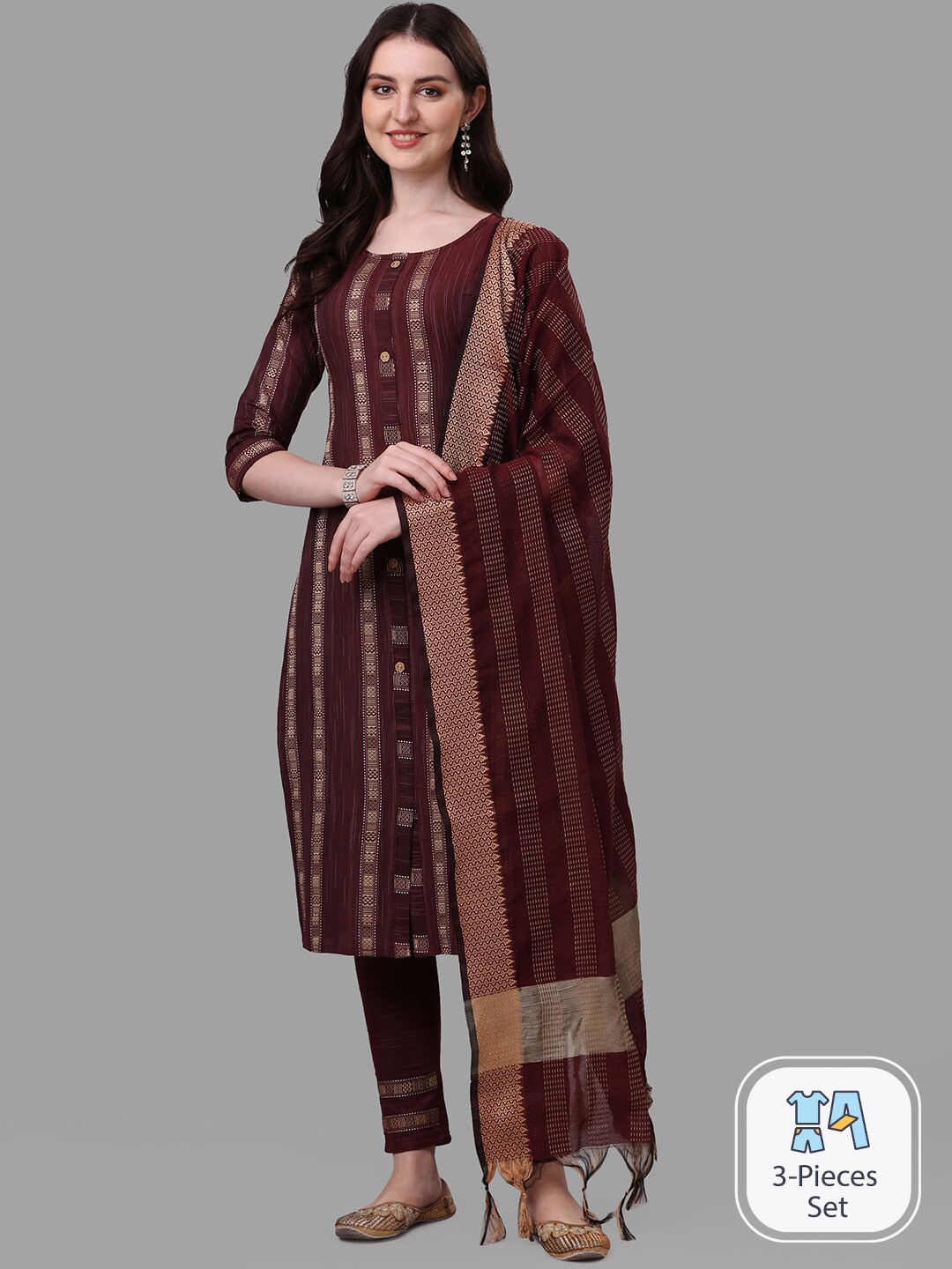 

KALINI Striped Woven Design A-Line Kurta With Trousers & Dupatta, Maroon