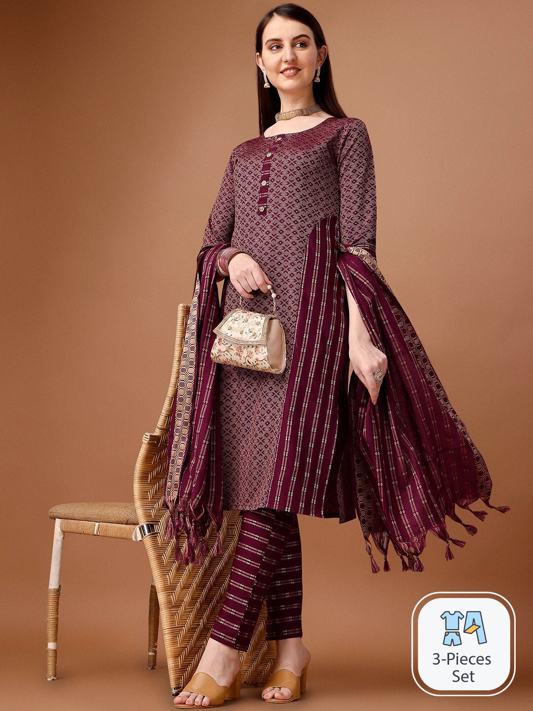 

KALINI Ethnic Motifs Woven Design Straight Kurta With Trousers, Maroon