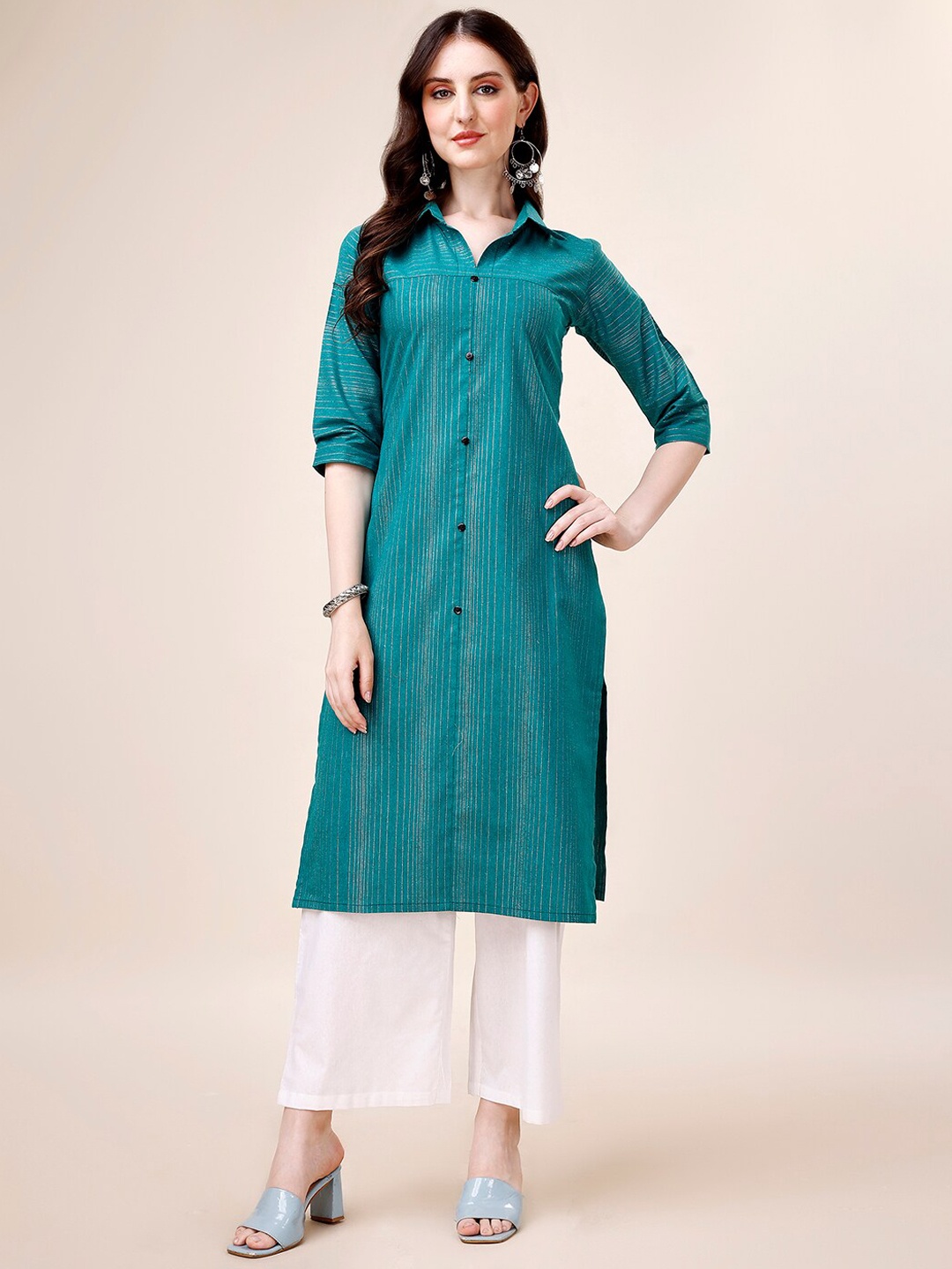 

KALINI Striped Shirt Collar A-Line Kurta with Palazzos, Green