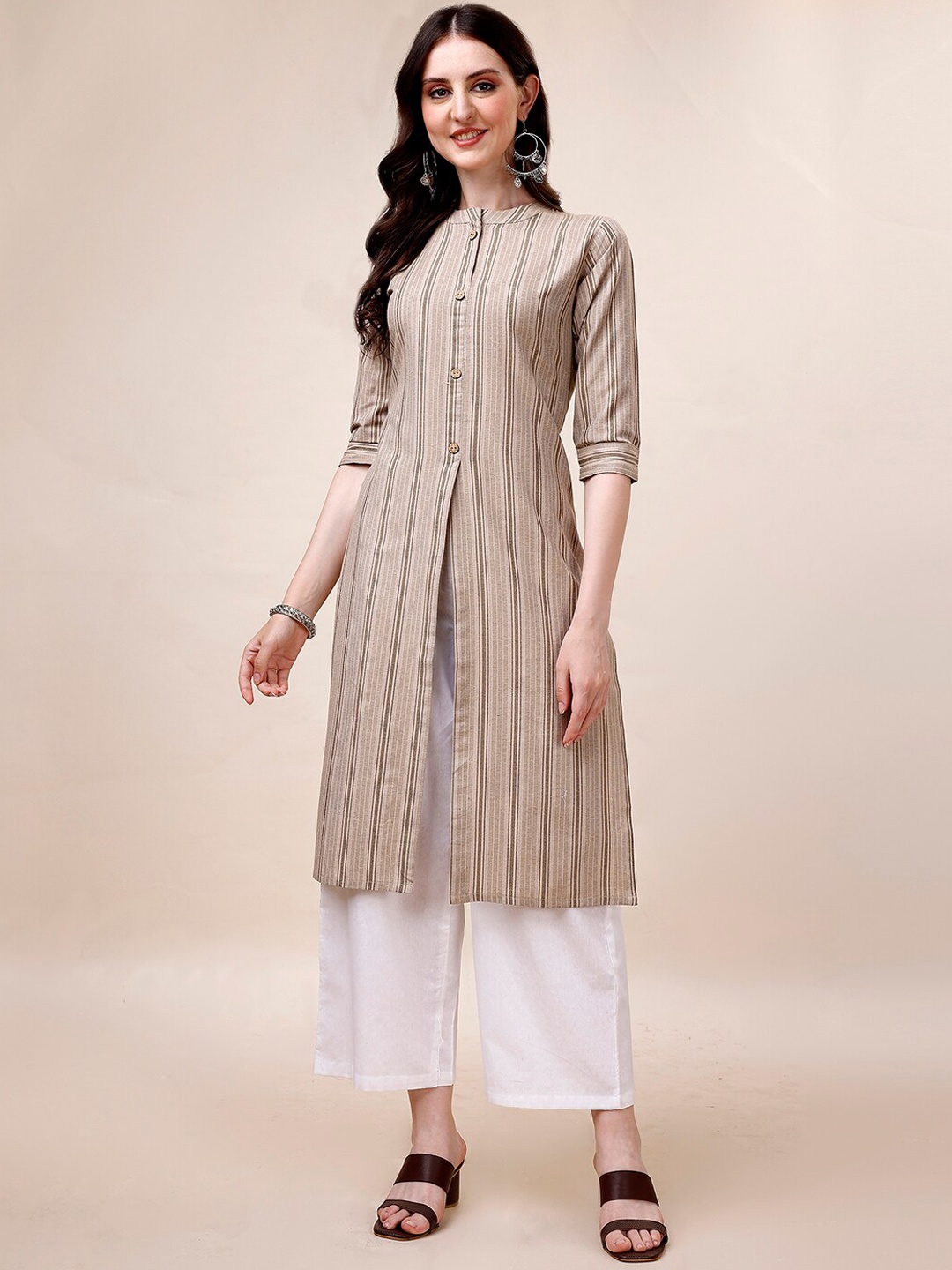 

KALINI Striped High Slit Kurta With Trousers, Beige