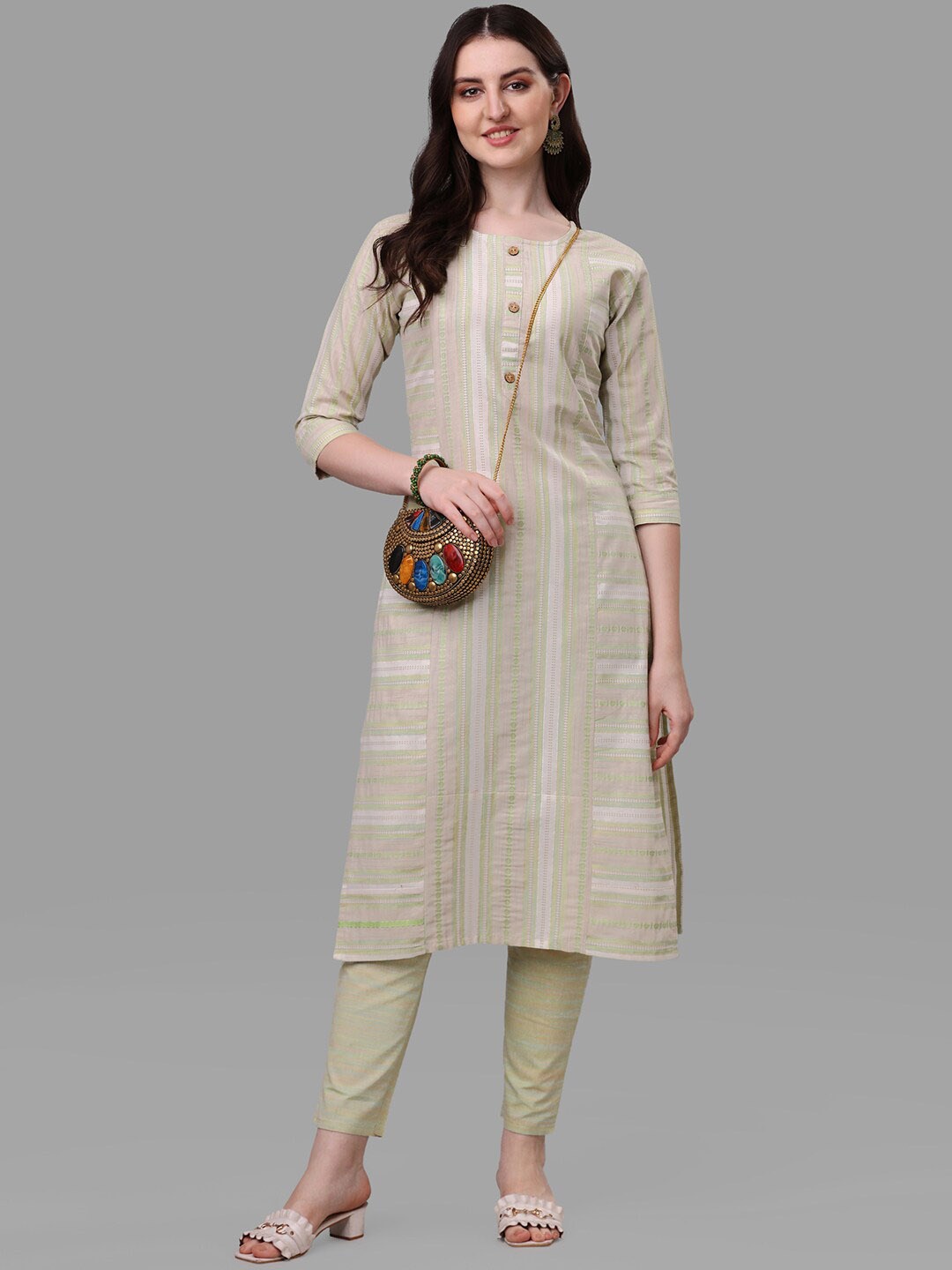 

KALINI Striped A Line Kurta With Trousers, Green