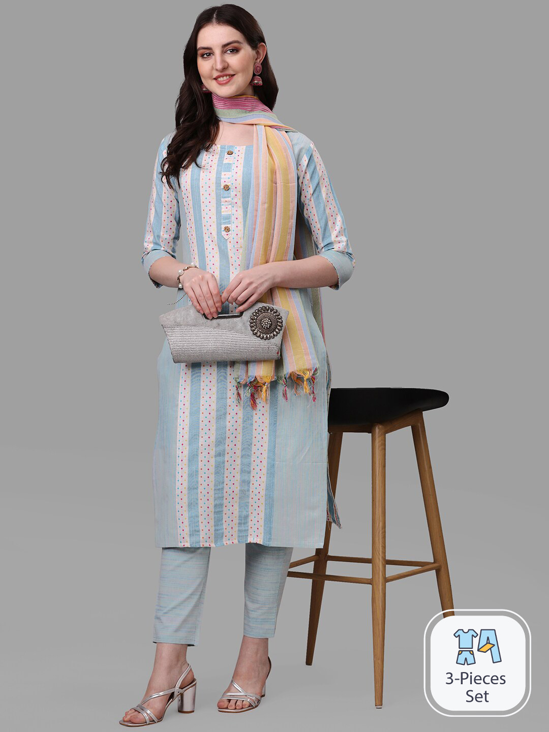

KALINI Striped Woven Design A-Line Kurta With Trousers & Dupatta, Blue