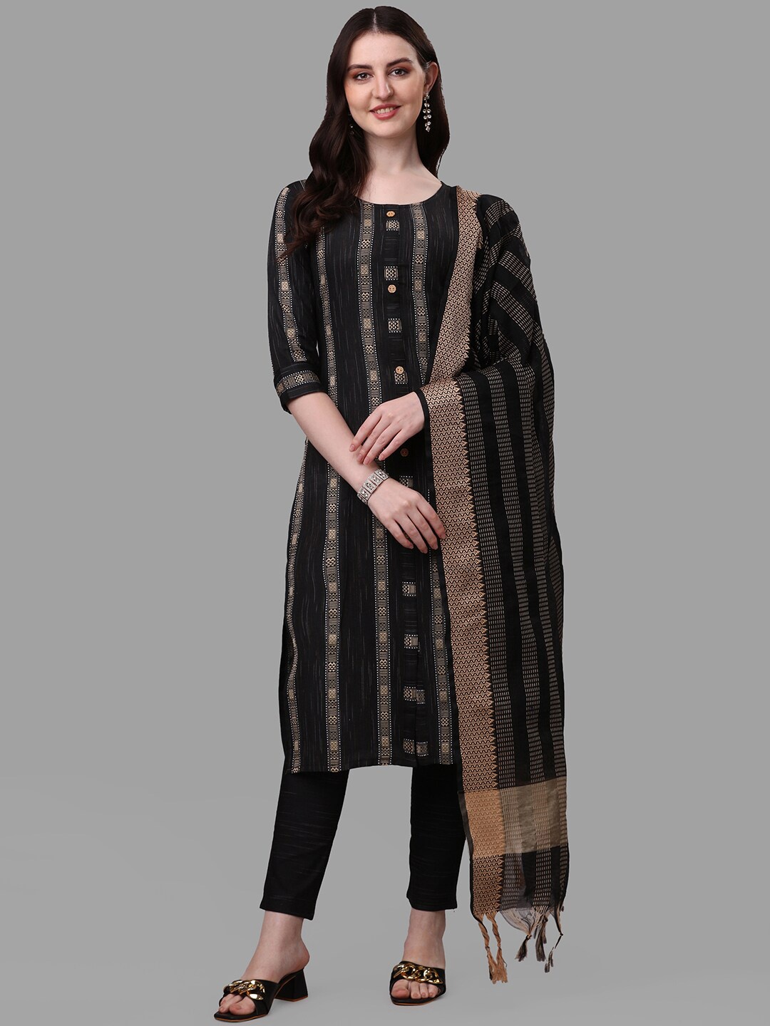 

KALINI Ethnic Motifs Woven Design A Line Kurta With Trousers & With Dupatta, Black