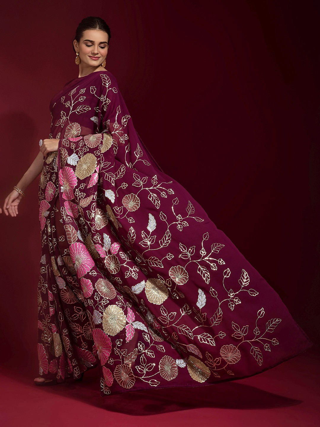 

all about you Floral Embroidered Sequinned Saree, Purple