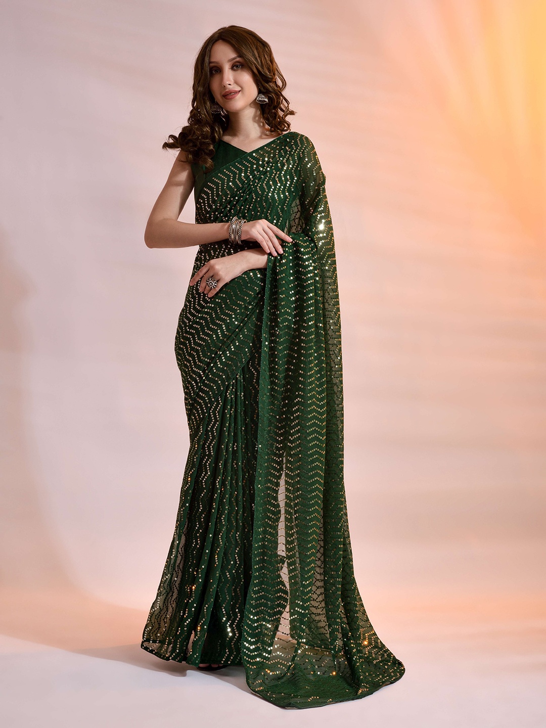 

all about you Embellished Sequinned Pure Georgette Saree, Green
