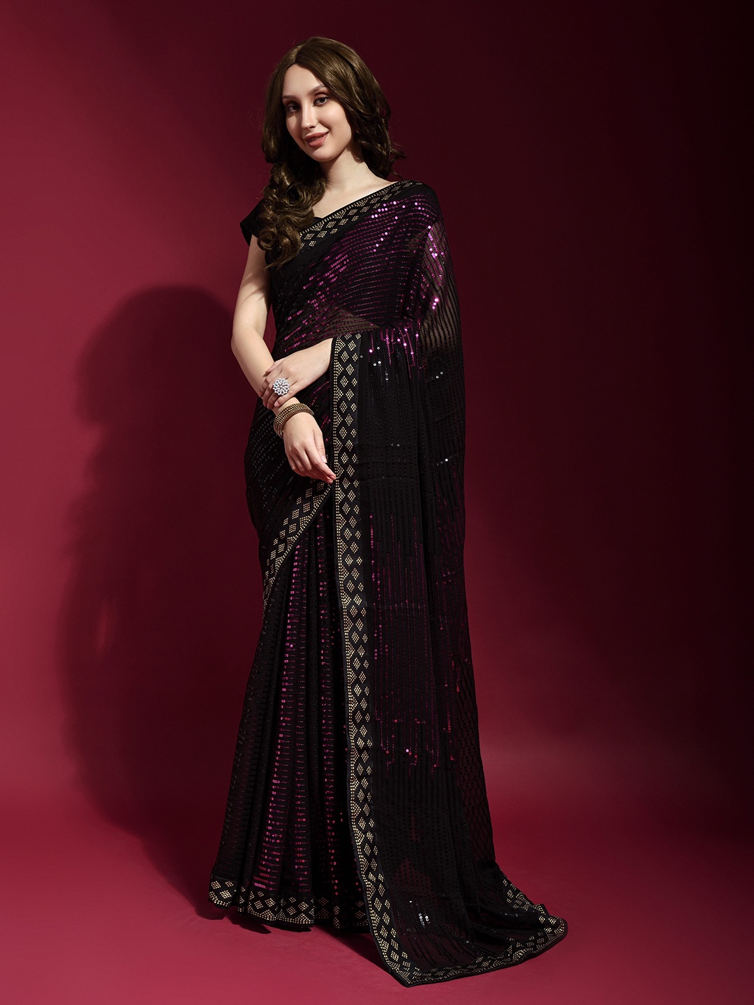 

all about you Embellished Sequinned Pure Georgette Saree, Black