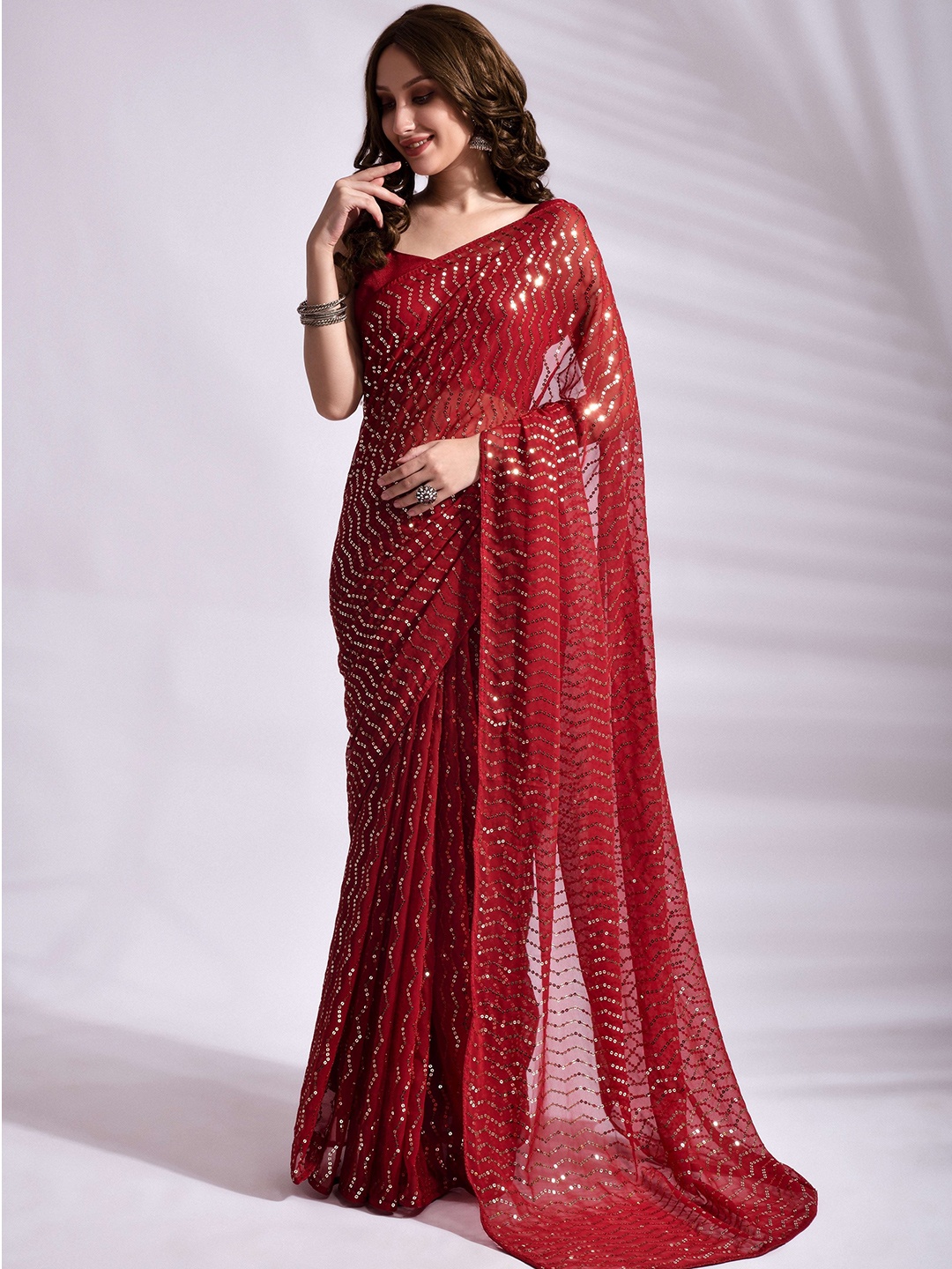 

all about you Embellished Sequinned Pure Georgette Saree, Red