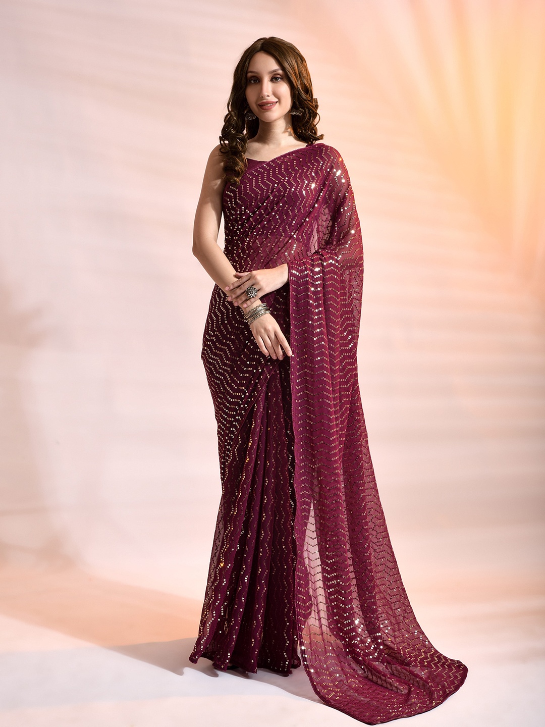 

all about you Sequinned Pure Georgette Saree, Purple