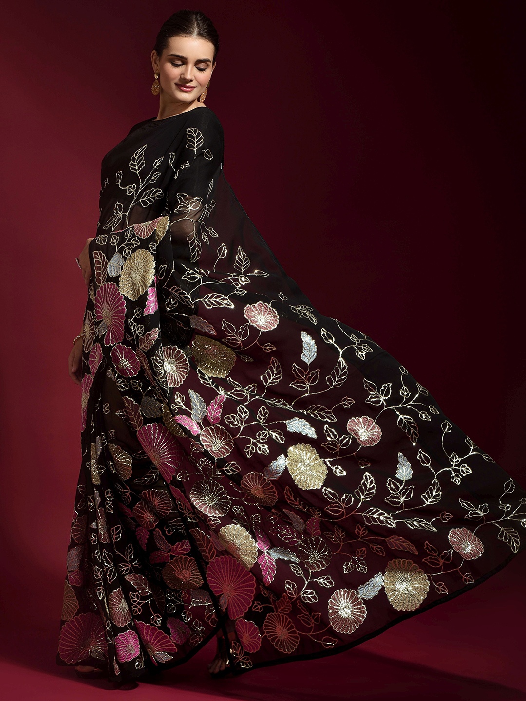 

all about you Floral Embroidered Sequinned Banglori Silk Saree, Black
