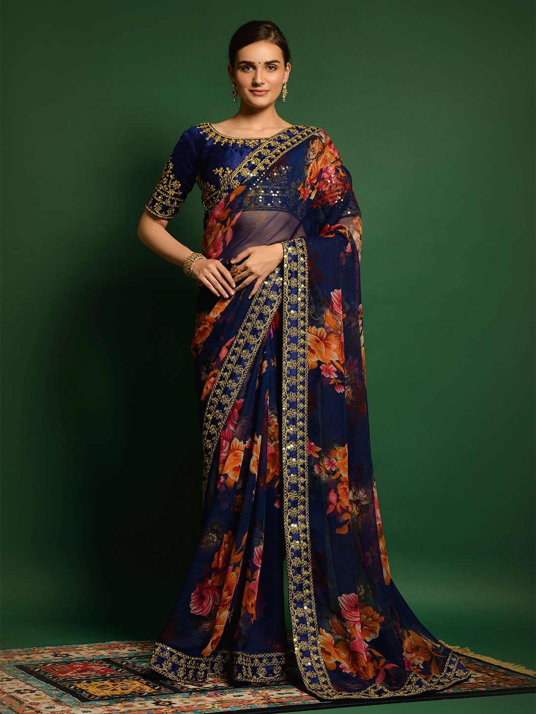 all about you Floral Printed Sequinned Pure Georgette Saree, Blue