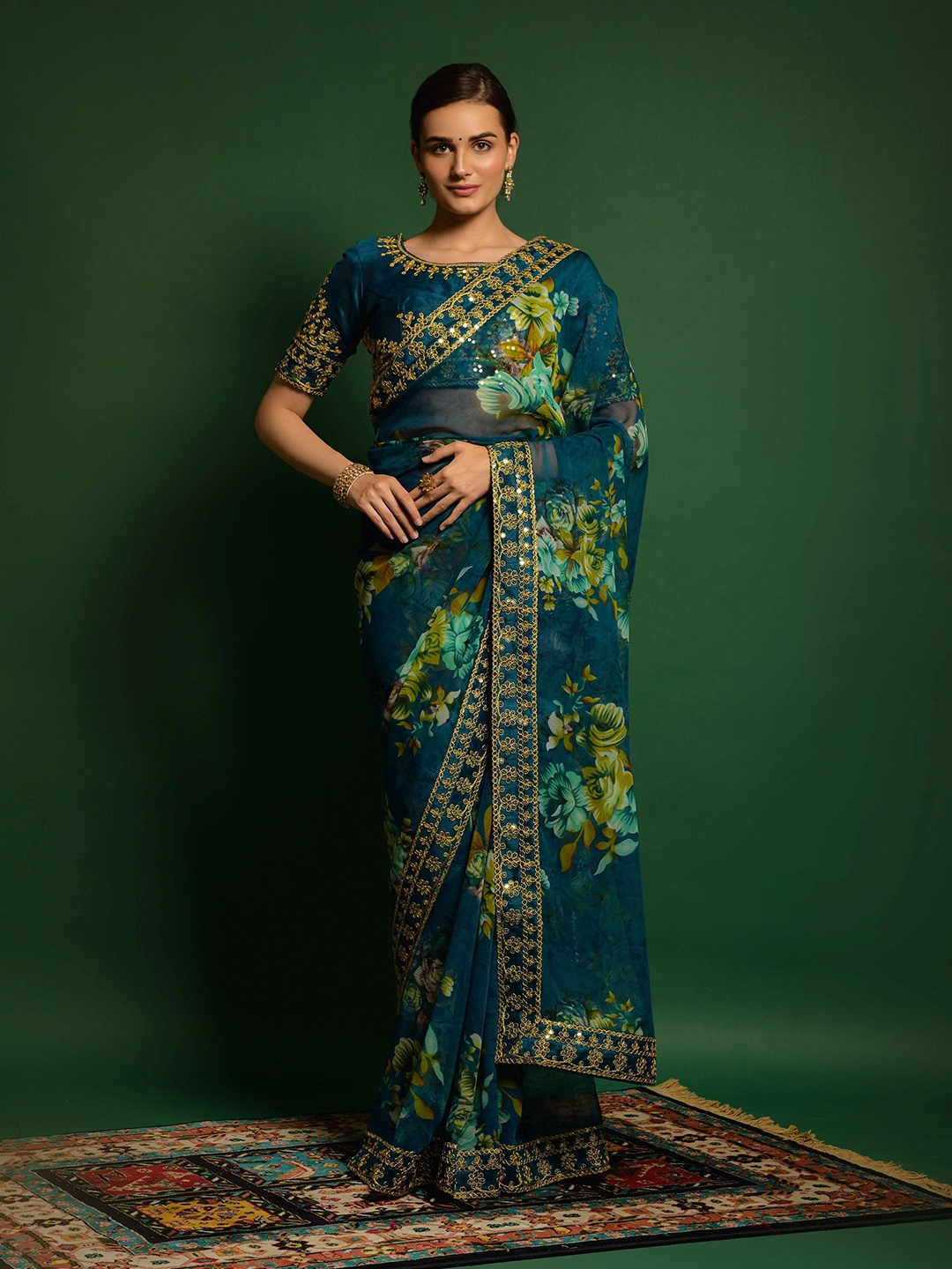 

all about you Floral Printed Sequinned Pure Georgette Saree, Teal