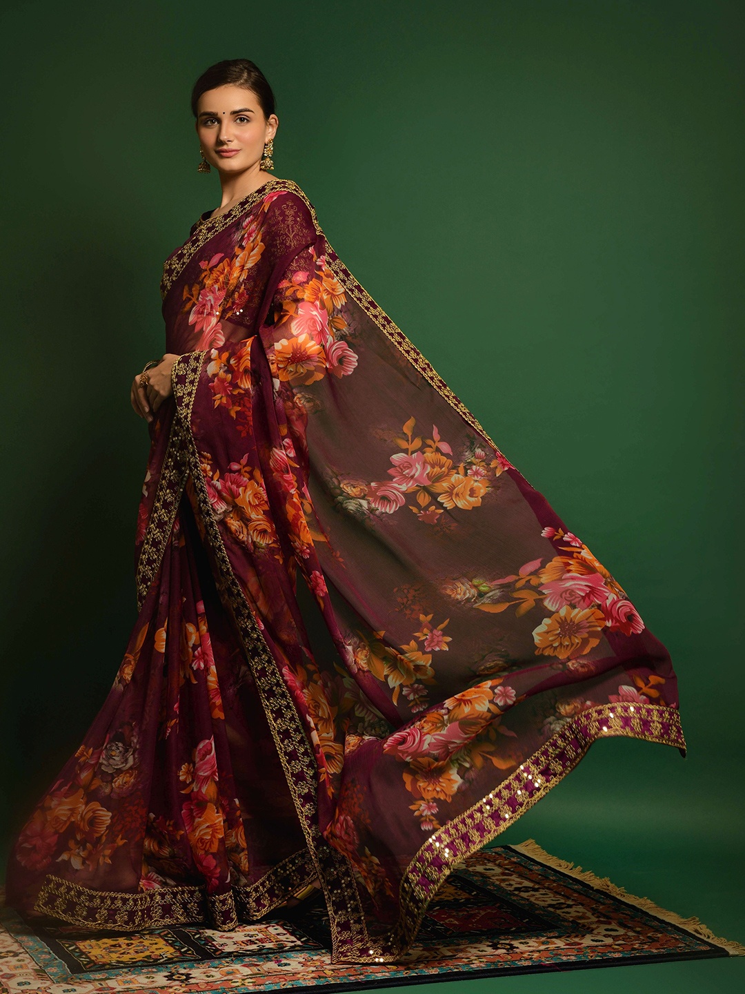 

all about you Floral Embroidered Pure Georgette Saree, Maroon