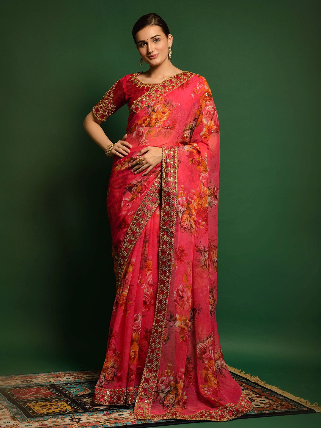 

all about you Pink & Orange Floral Sequinned Pure Georgette Saree