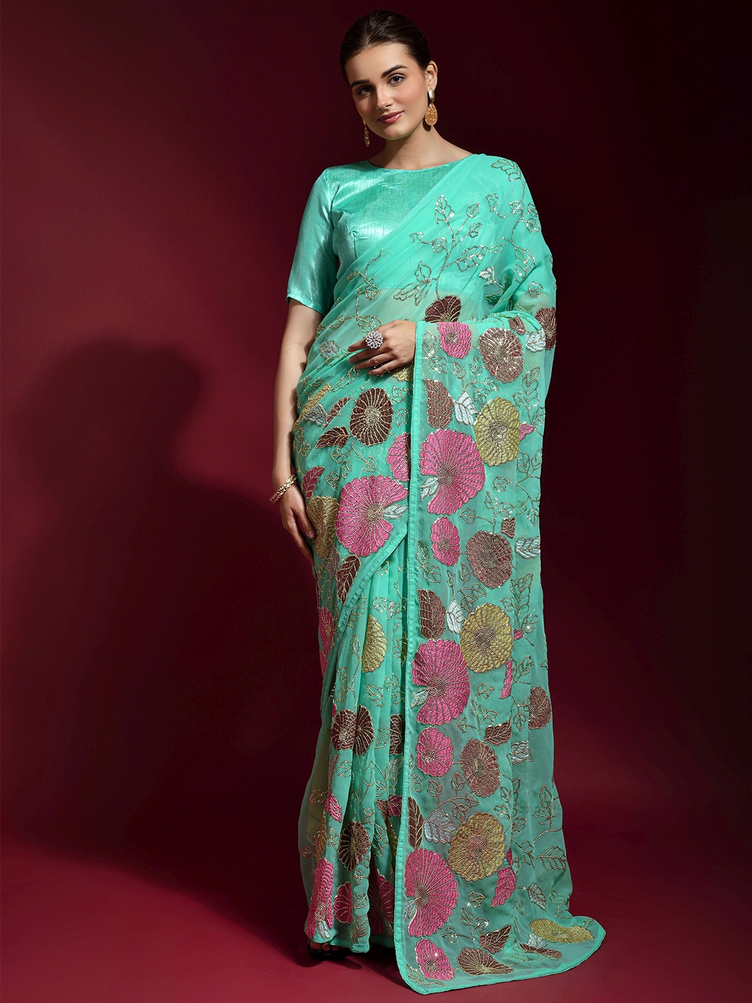 

all about you Sea Green & Pink Floral Embroidered Sequinned Pure Silk Saree