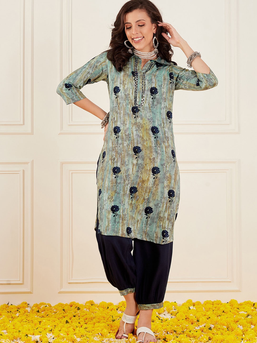 

Sangria Blue & Green Floral-Printed Mirror Work Pathani Kurta With Salwar