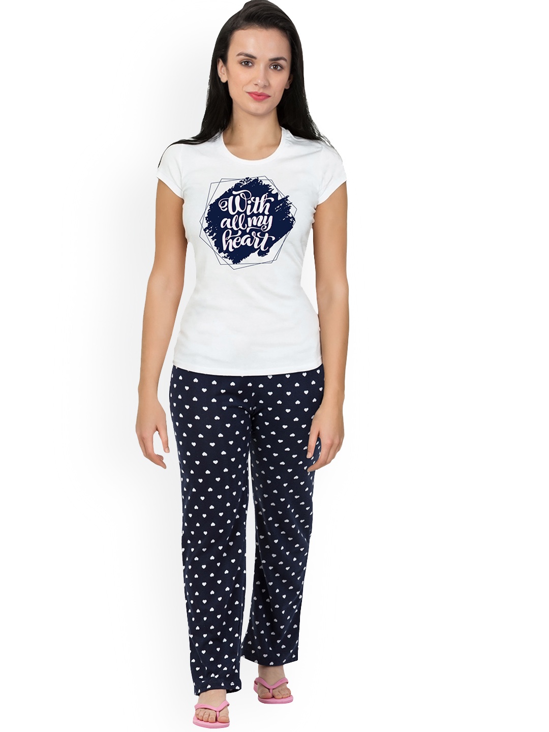 

FFLIRTYGO Typography Printed Cotton Night suit, White