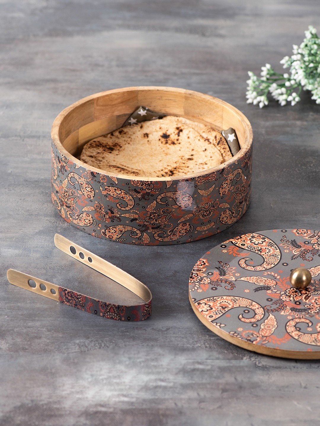 

nestroots Grey & Brown Printed Chapati Box With Tong