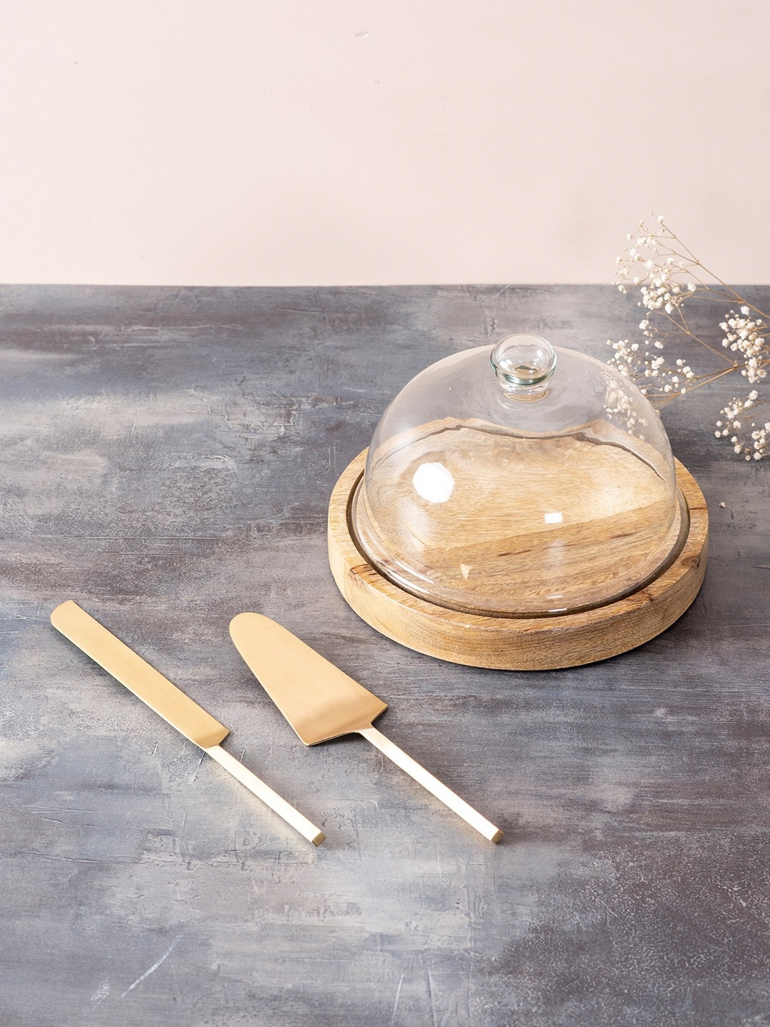 

nestroots Brown & Transparent Wooden Cake Stand With Knife Server