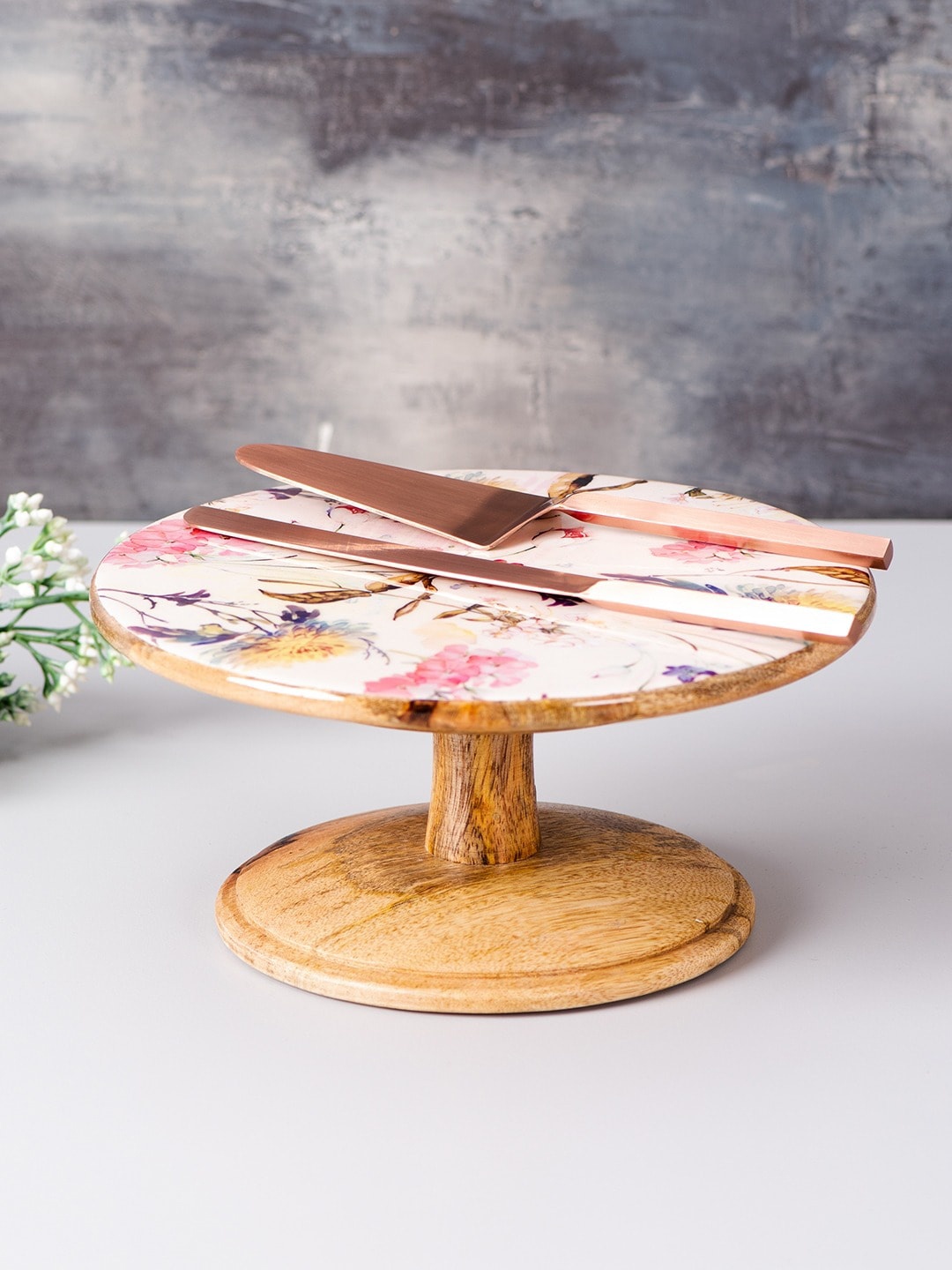 

nestroots White & Brown 3 Pieces Printed Cake Stand With Knife Server