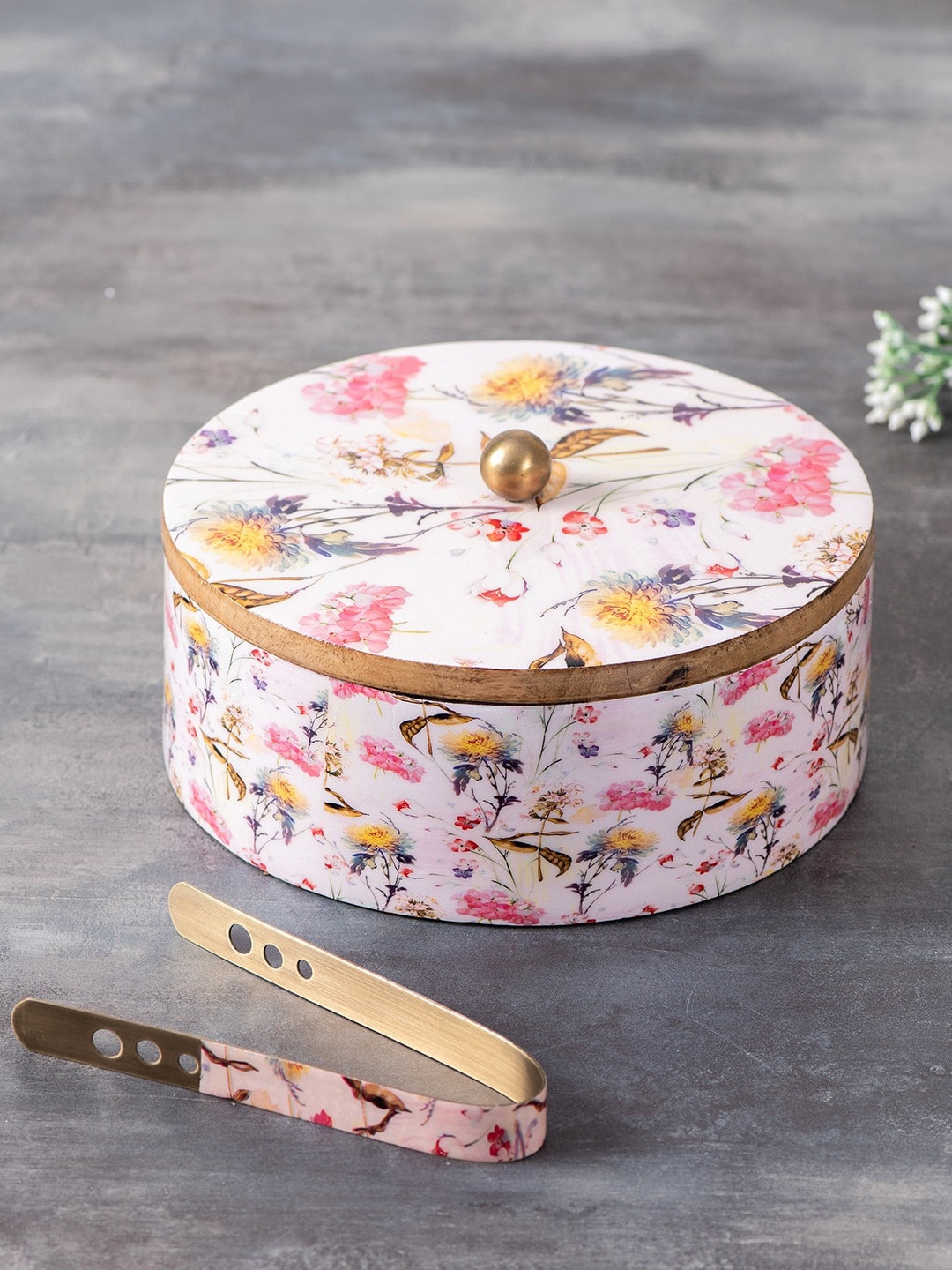 

nestroots White & Brown Printed Wooden Chapati Box With Tongs