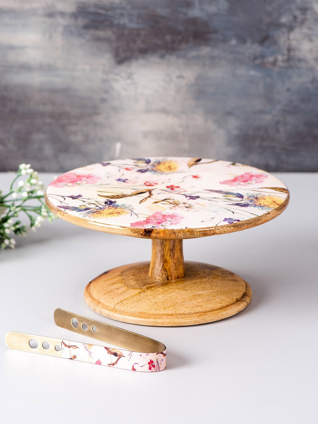nestroots White & Pink Printed Cake Stand With Tong