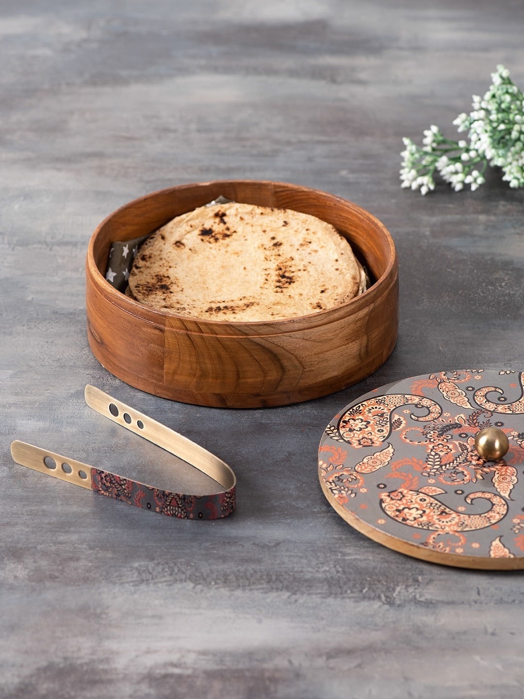 

nestroots Grey & Brown Printed Chapatti Box & Tong