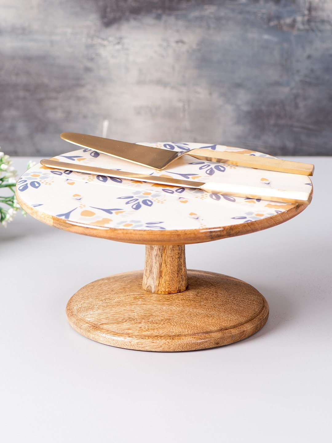

nestroots Grey & Blue 3 Pieces Printed Cake Stand & Server Set