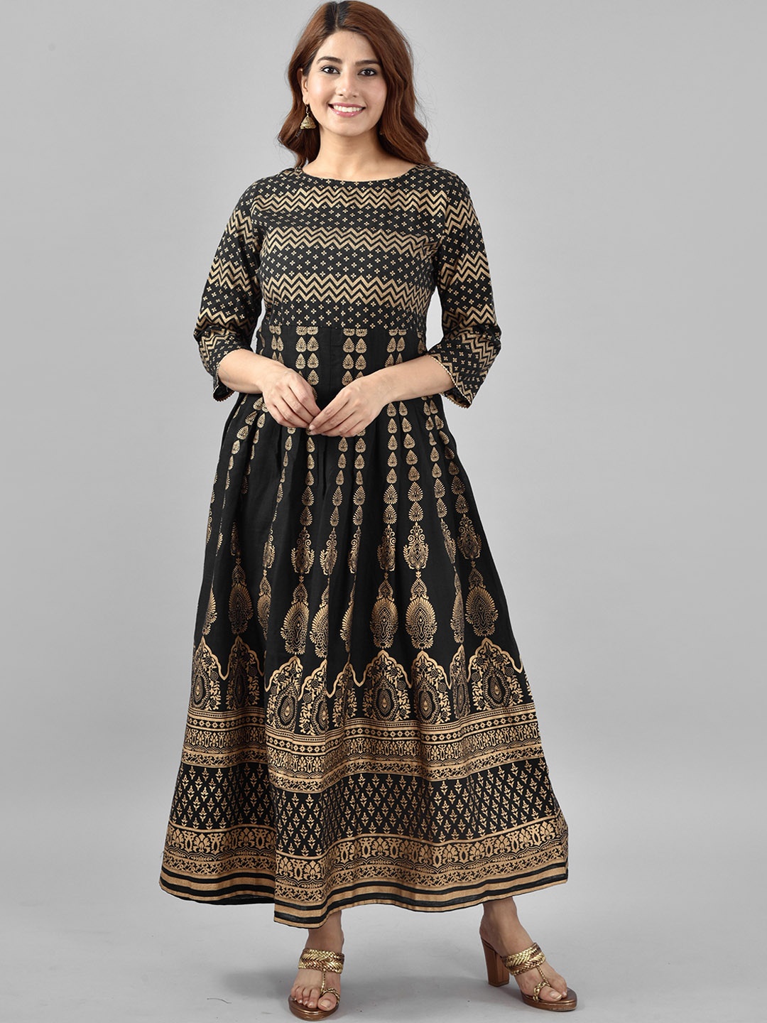 

AAYUMI Ethnic Motifs Printed Round Neck Gathered Fit & Flare Ethnic Dress, Black