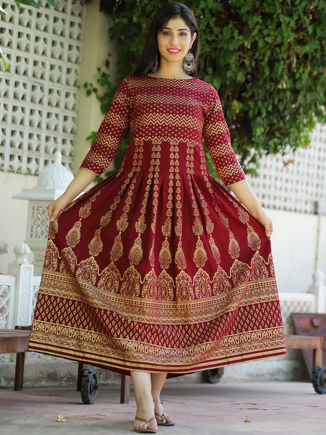 

AAYUMI Ethnic Motifs Printed Round Neck Gathered Fit & Flare Ethnic Dress, Maroon