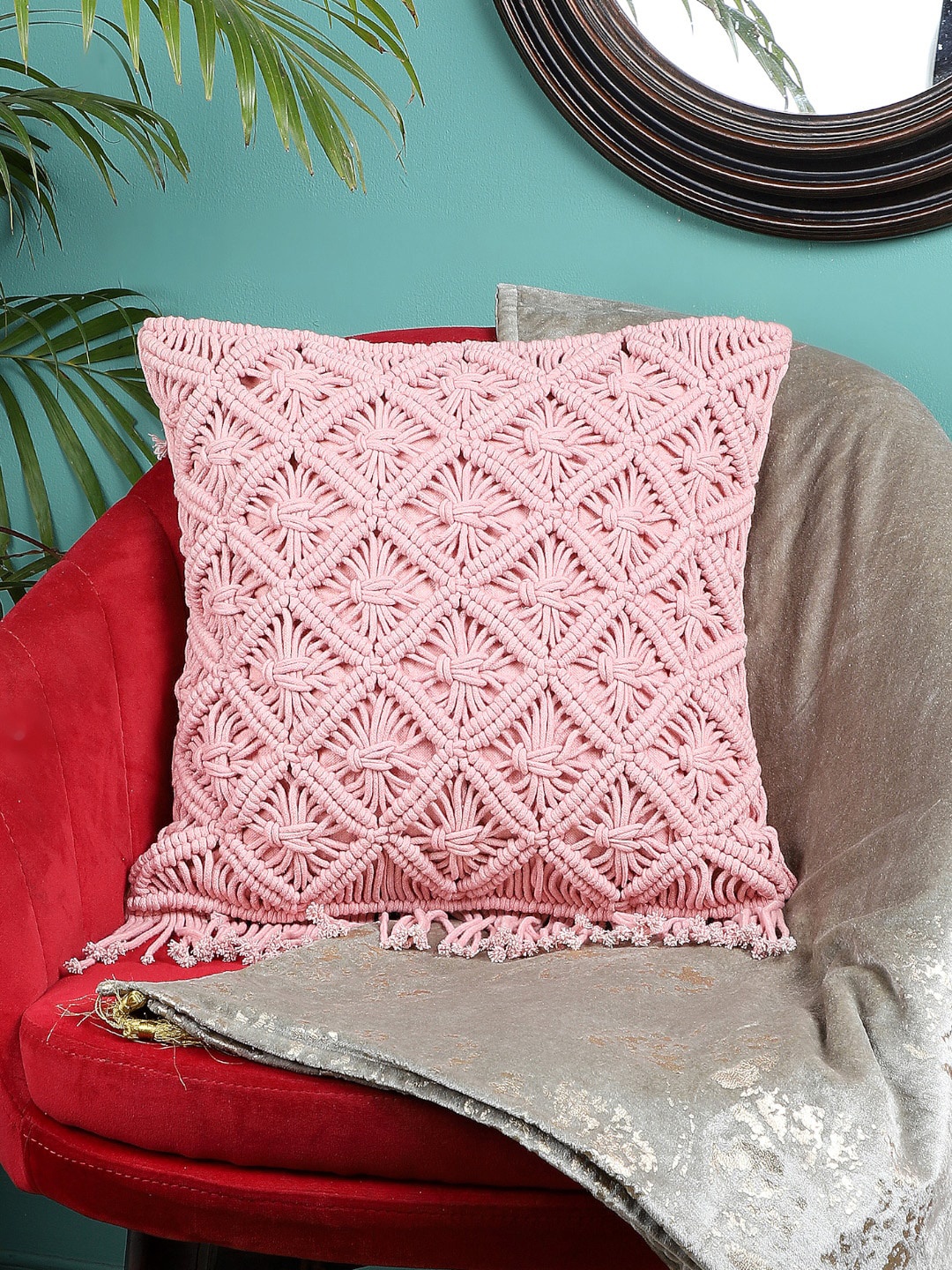 

Kaahira Pink Macrame Boho Square Cushion Cover