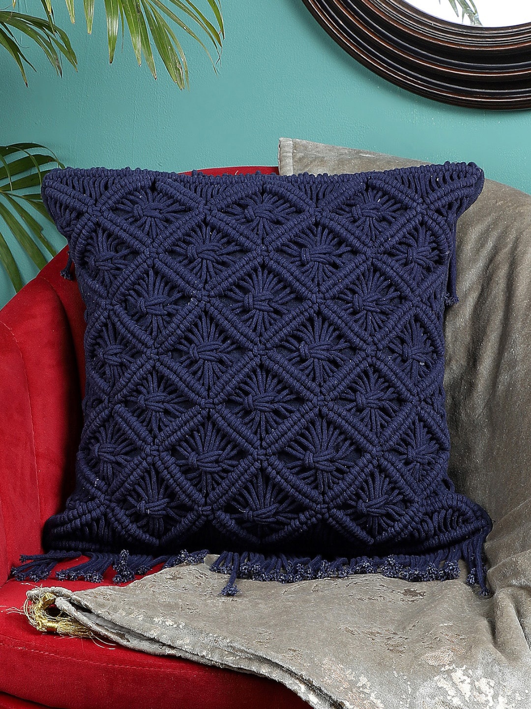 

Kaahira Blue Macrame Boho Cotton Square Cushion Cover