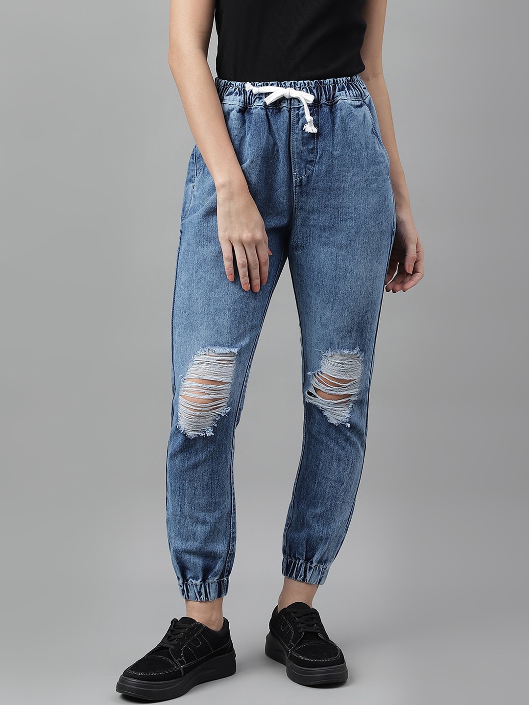 

Code 61 Women Jogger Mid-Rise High Distressed Heavy Fade Cotton Cropped Jeans, Blue