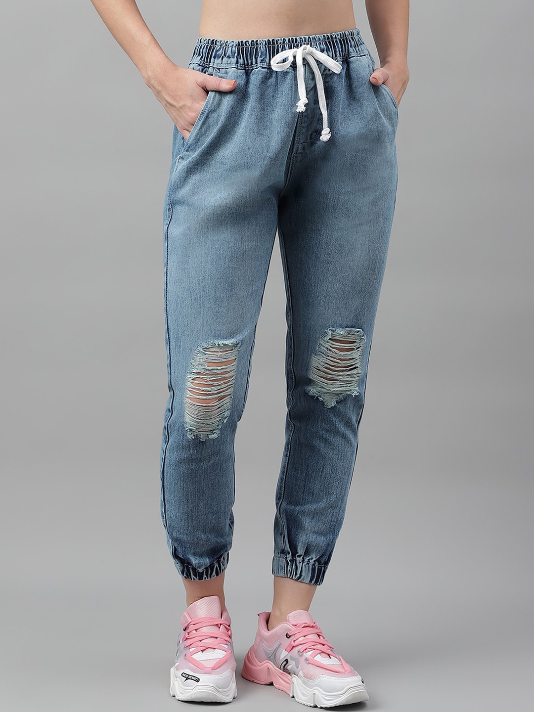 

Code 61 Women Jogger Mildly Distressed Heavy Fade Jeans, Turquoise blue