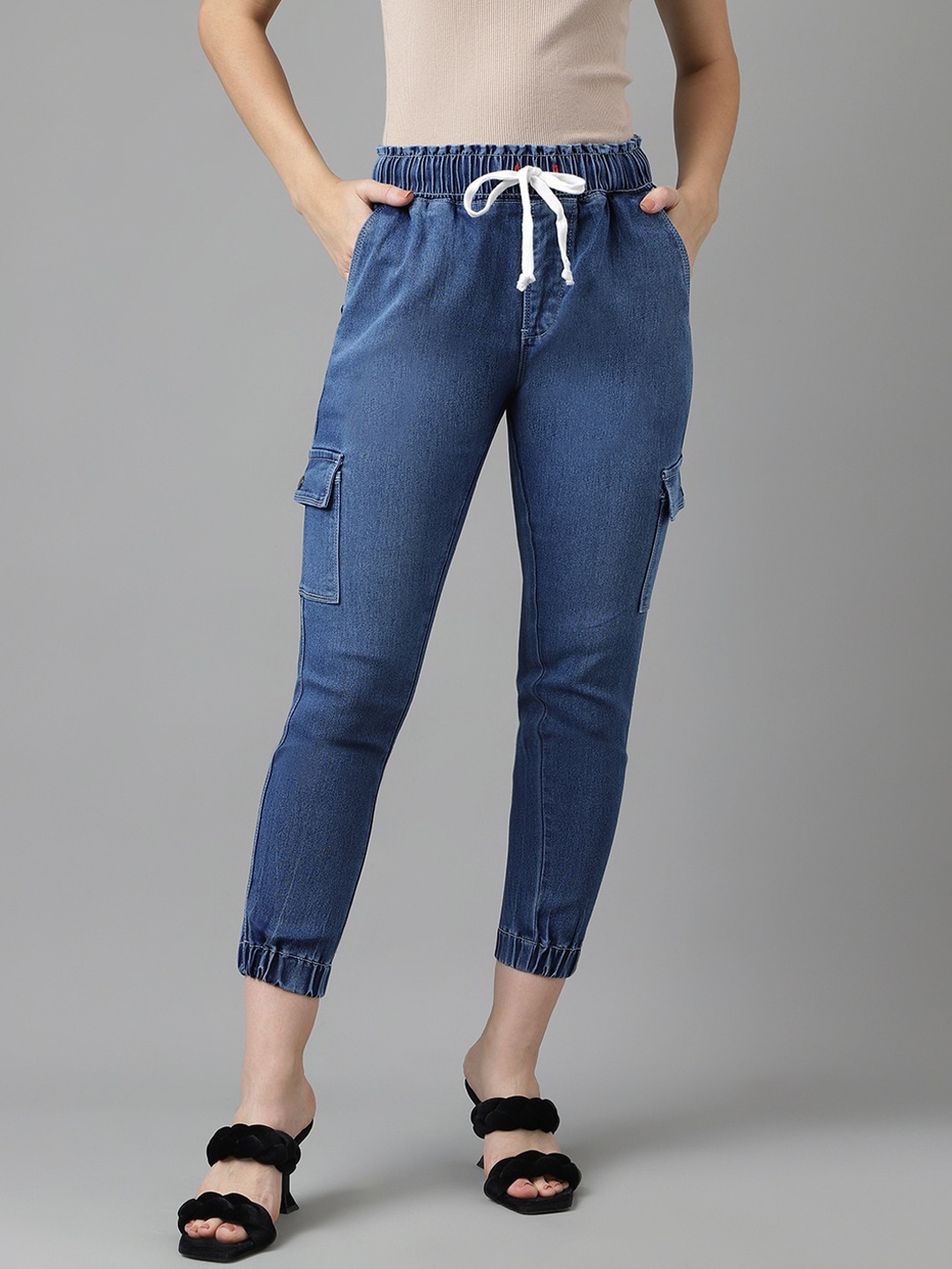 

Code 61 Women Jogger Mid-Rise Stretchable Cropped Clean Look Jeans, Blue