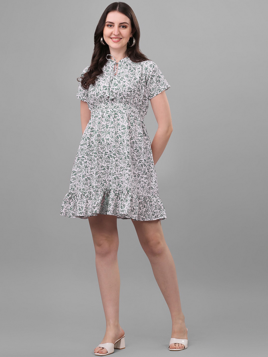 

KALINI Floral Printed Tie Up Neck Cotton Fit & Flared Mini Dress, White