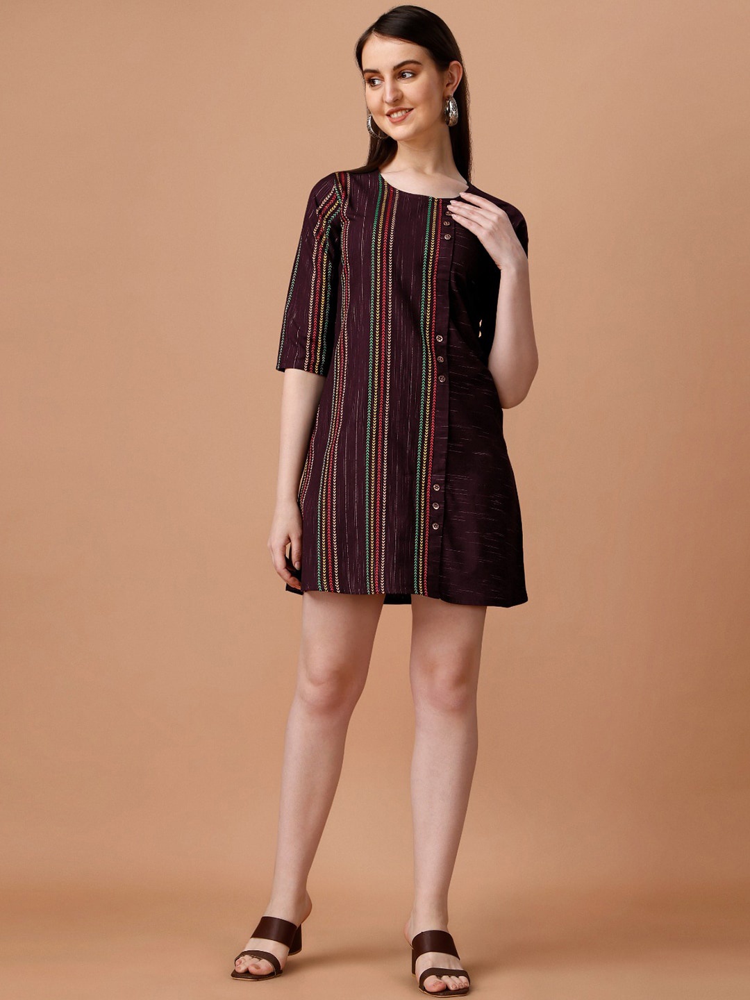 

KALINI Striped Cotton A-Line Mini Dress, Maroon