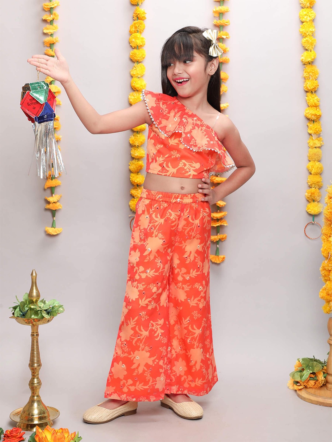 

taffykids Girls Printed One Shoulder Crop Top with Palazzos, Orange