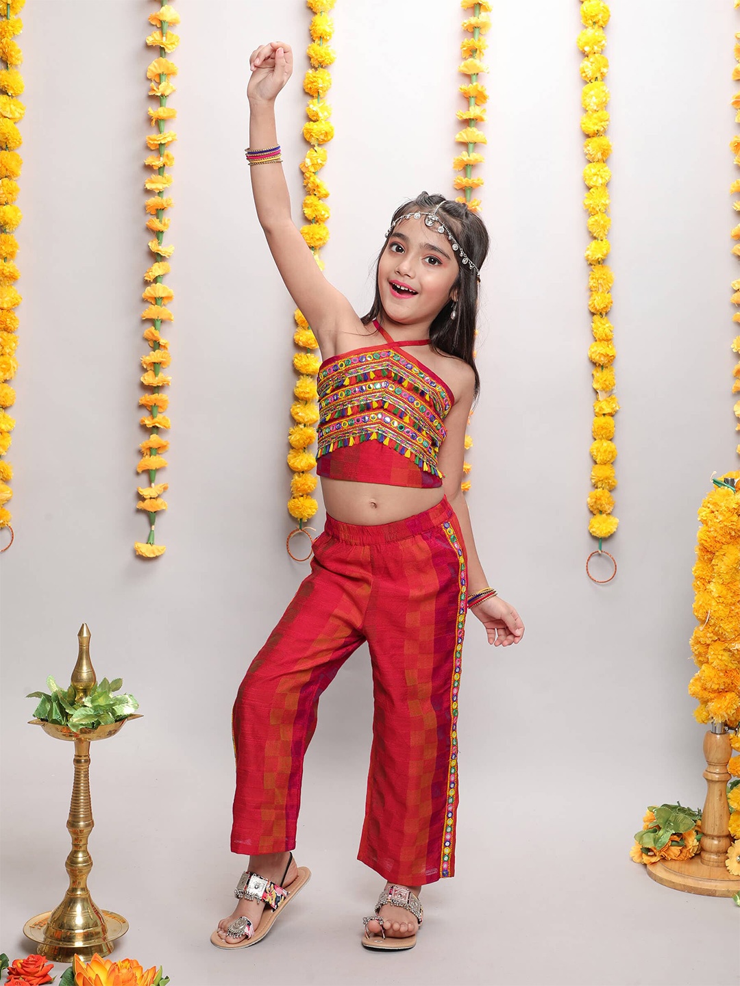 

taffykids Girls Embellished Top With Trousers Clothing Set, Red