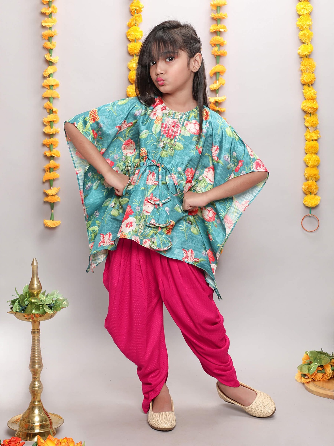 

taffykids Girls Floral Printed Tunic with Dhoti Pants, Blue