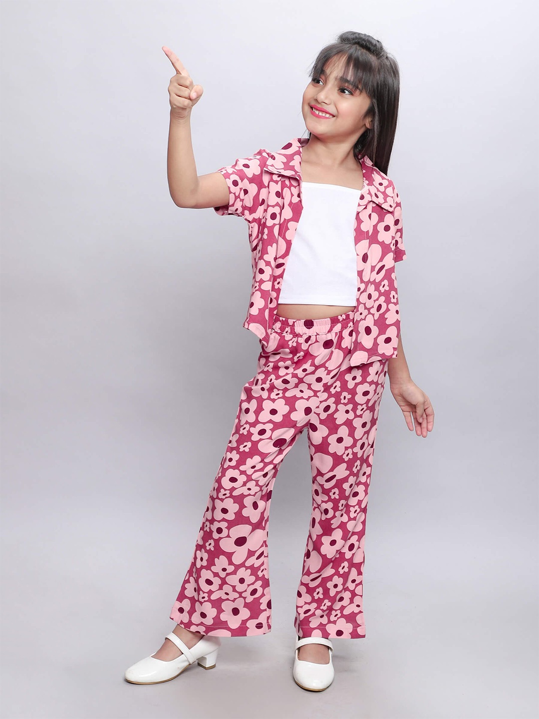 

taffykids Girls Floral Printed Shirt with Trousers, Pink