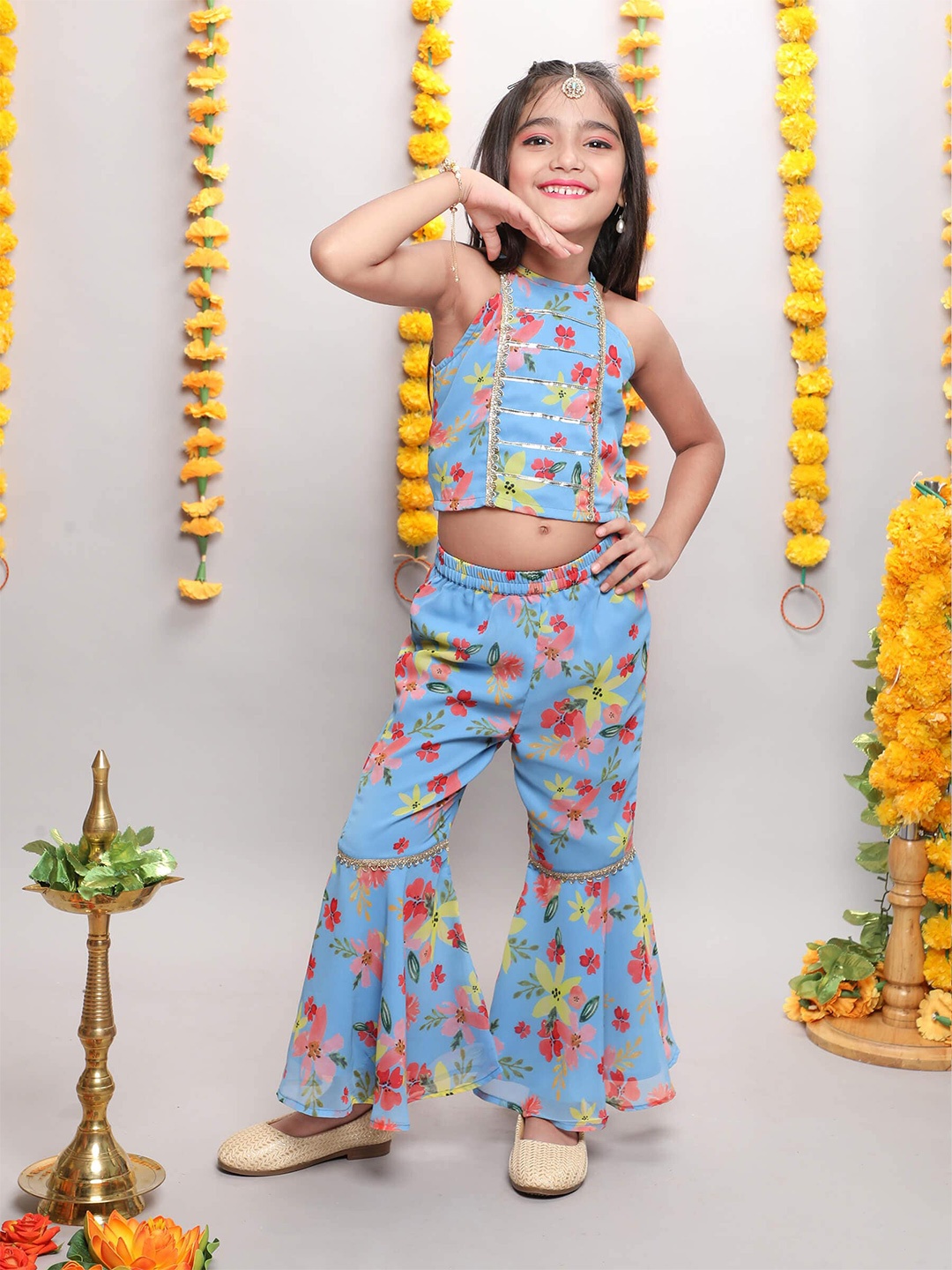 

taffykids Girls Floral Printed Top With Trousers, Blue