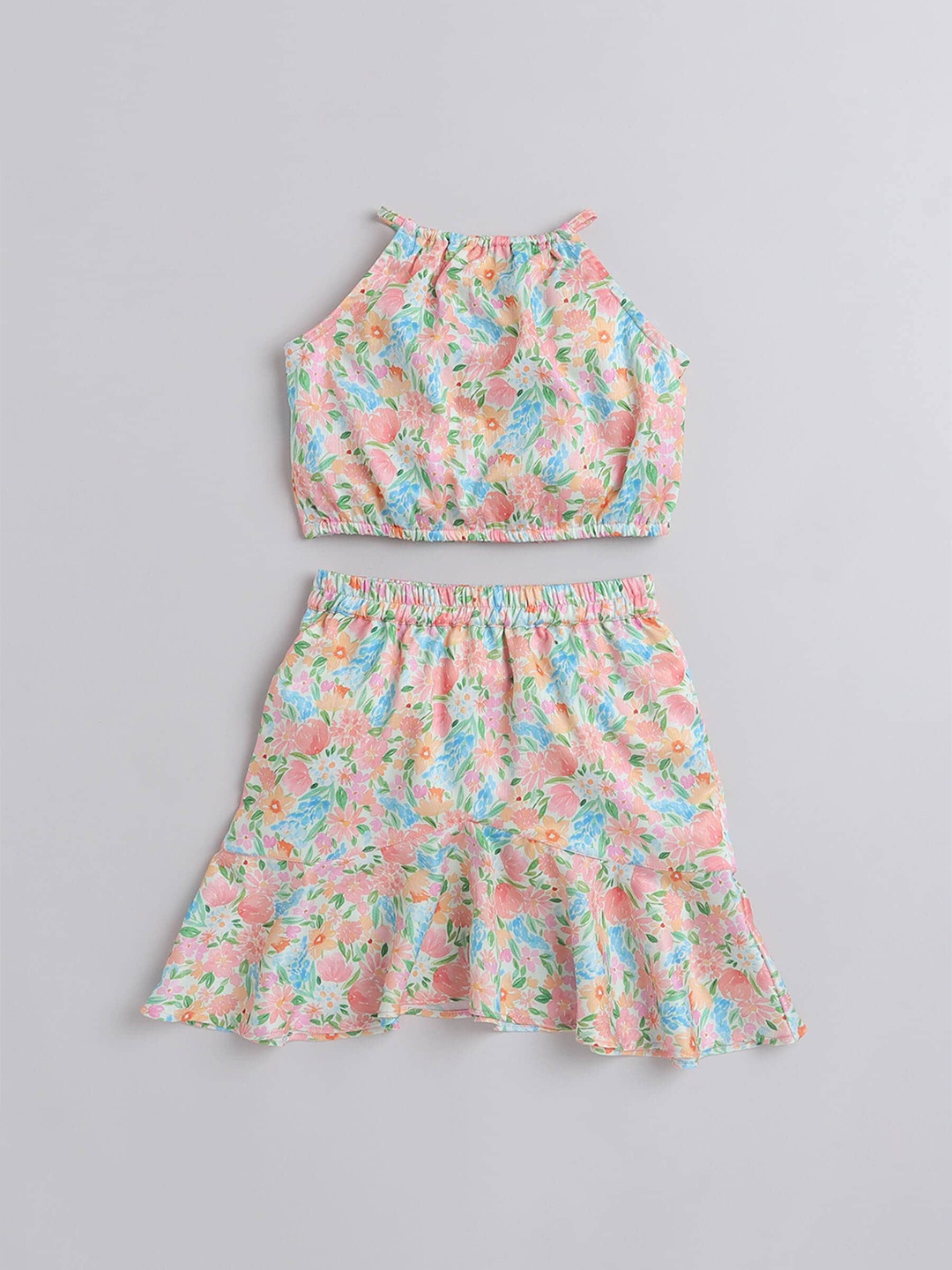 

taffykids Girls Floral Printed Halter Neck Top with Skirt, Pink