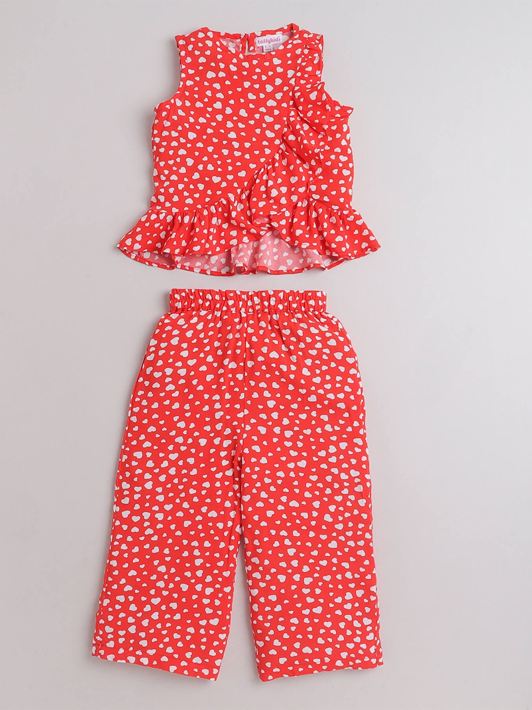 

taffykids Girls Heart Printed Ruffle Top With Trousers, Red