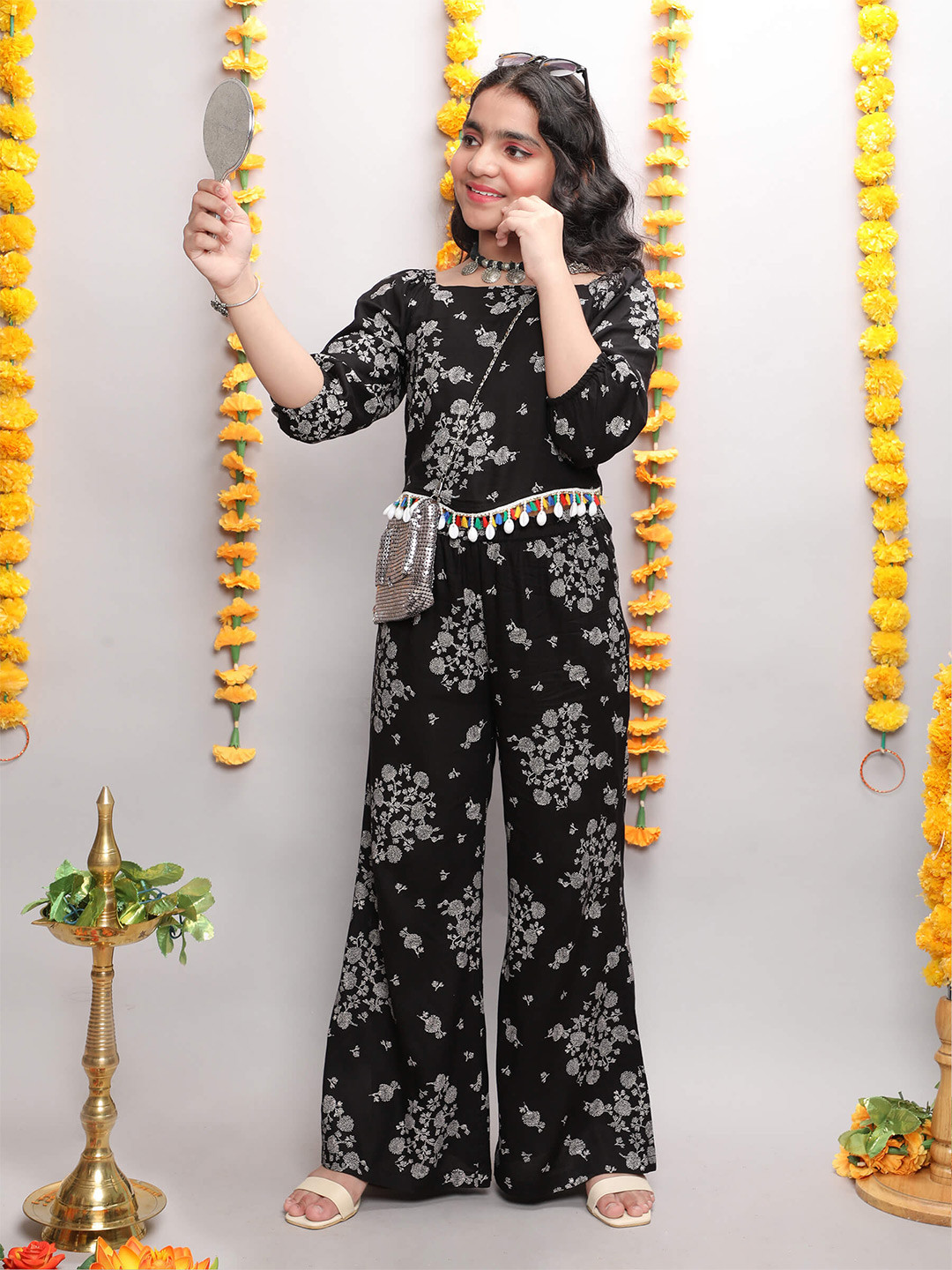 

taffykids Girls Floral Printed Top With Trousers, Black