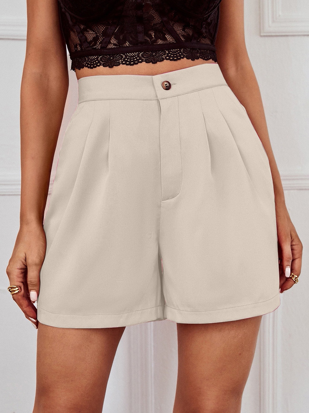 

AAHWAN Women Loose Fit High-Rise Shorts, Off white