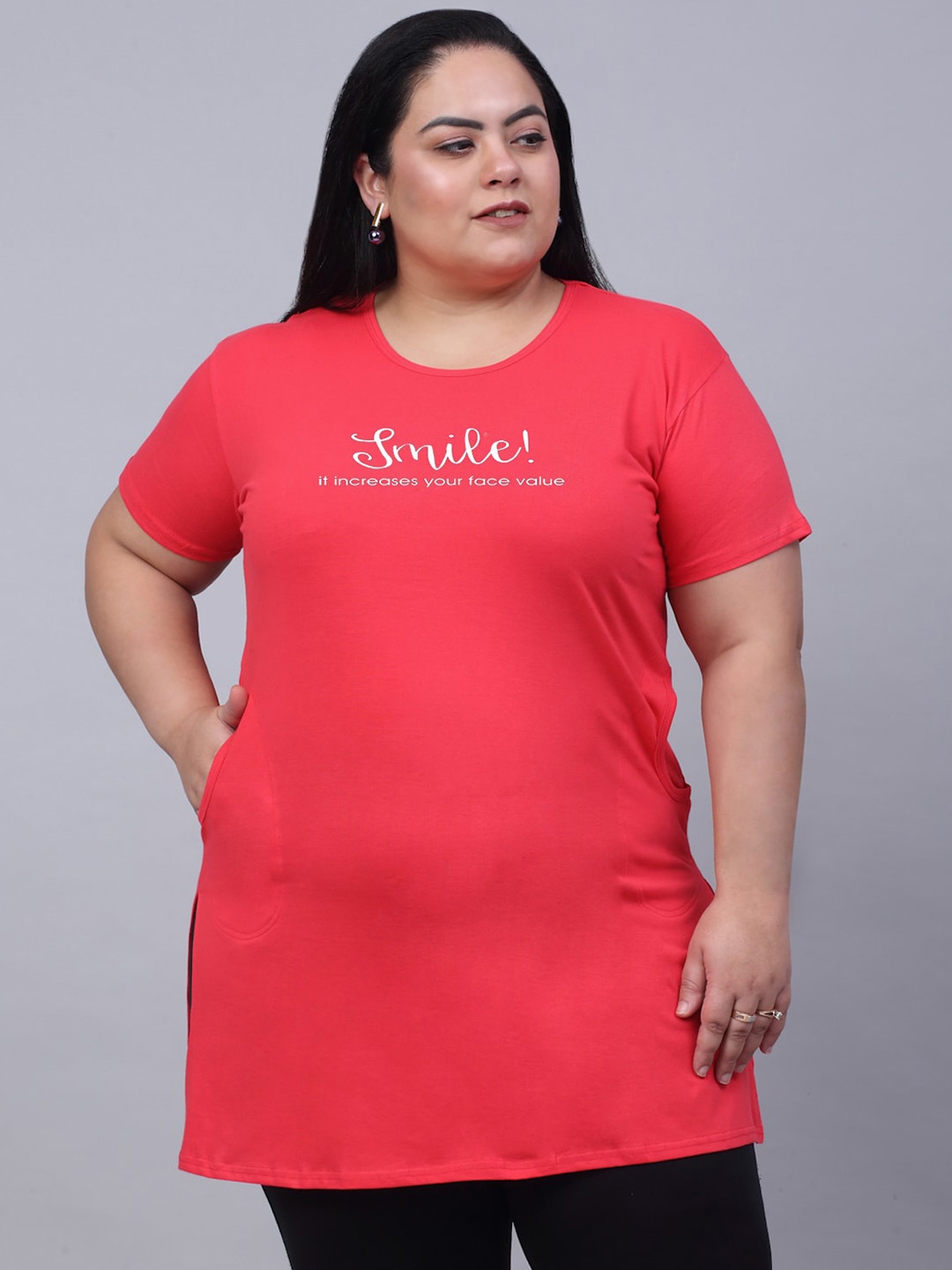 

Trend Level Plus Size Typography Printed Longline Pure Cotton T-shirt, Coral