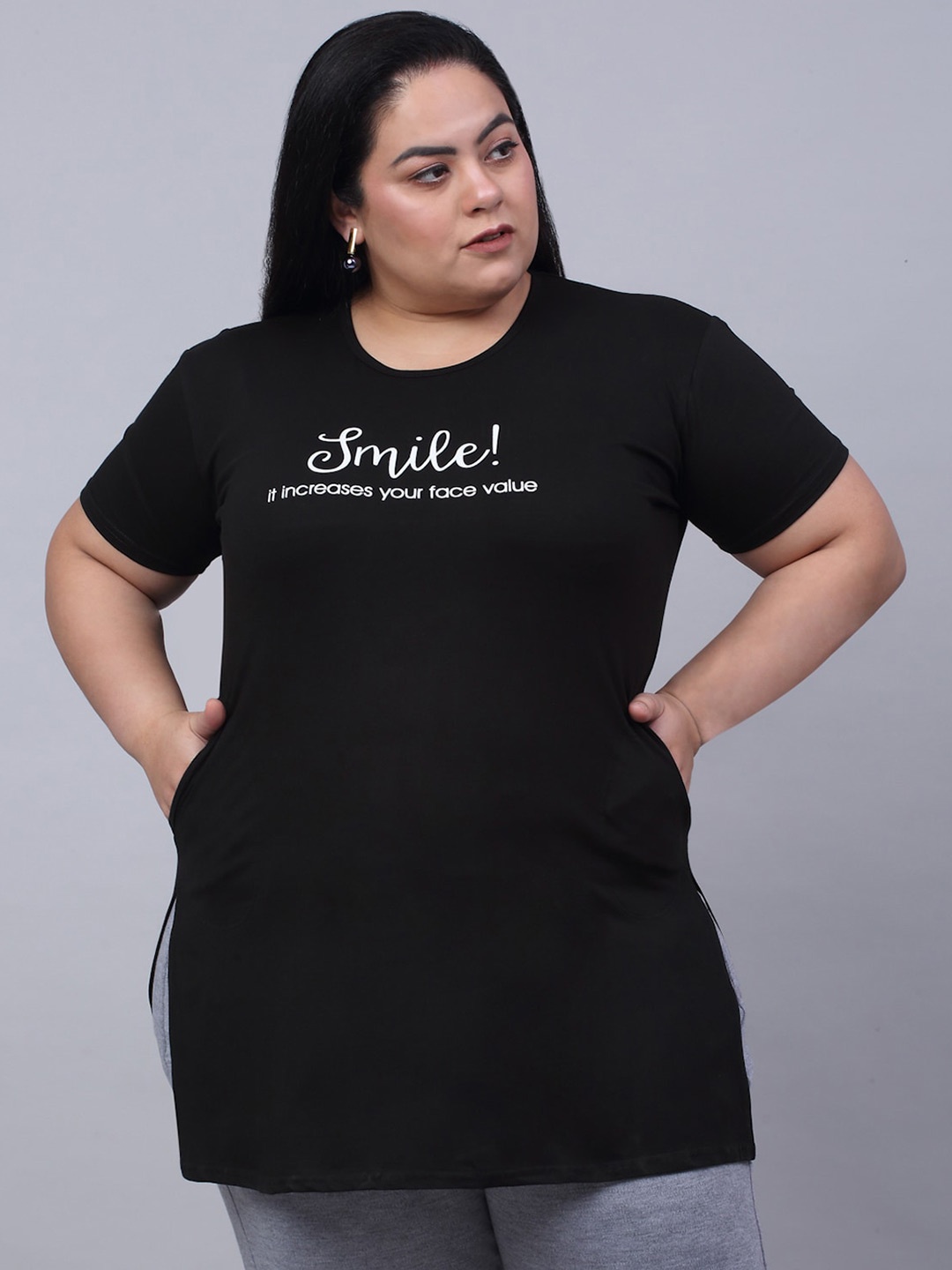 

Trend Level Plus Size Typography Printed Cotton T-shirt, Black