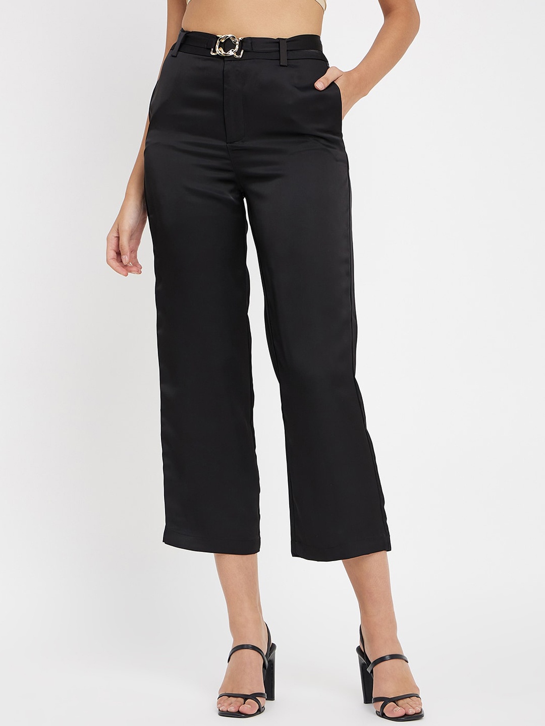 

Madame Women Plain Flat-Front Three-Fourth Length Culottes Trousers, Black