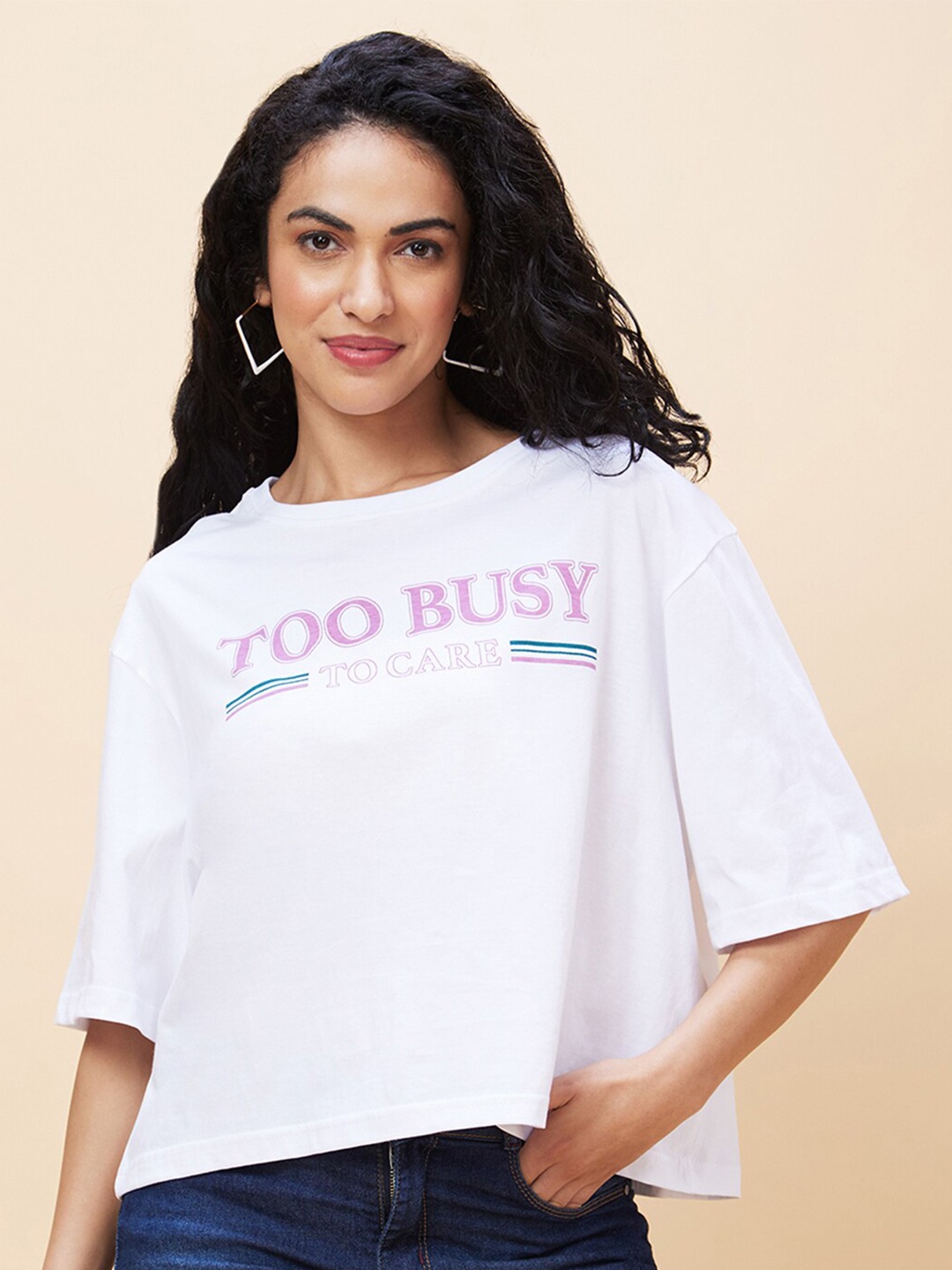 

Globus Typography Printed Casual Knitted Pure Cotton Oversized T-shirt, White